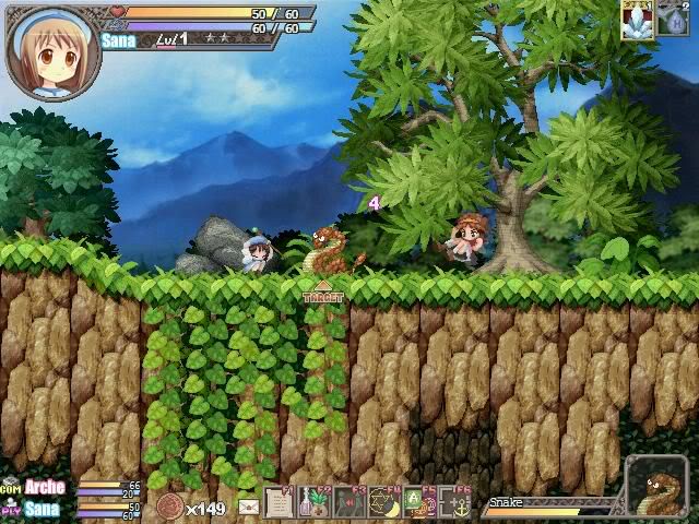 Sana takes cover while Arche delivers a flying jump kick